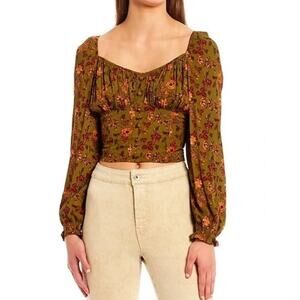 C&V Chelsea & Violet Floral Button Front Cropped Green Peasant Top